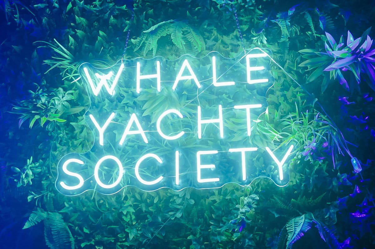 Neon sign reading WHALE YACHT SOCIETY glowing on a wall of tropical greenery