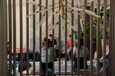 Guests on living room sofas during a session, seen through dark wooden slats, two men seated by a marble wall