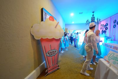 Milkshake cutout marked SODA SHOP in a hallway where people in paper hats and teal polka dot skirts gather