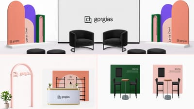 The booth design set: the stage wall, the arch, the check-in desk and the demo tables