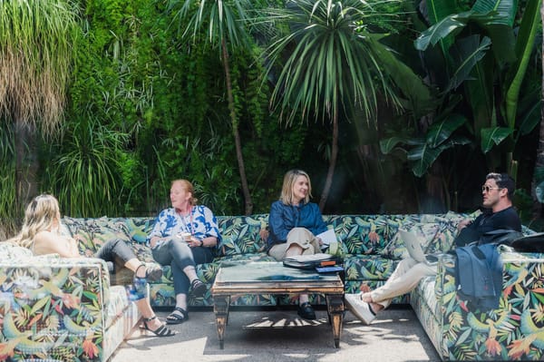 Four guests talking on tropical print sofas in a courtyard lined with plants and palms