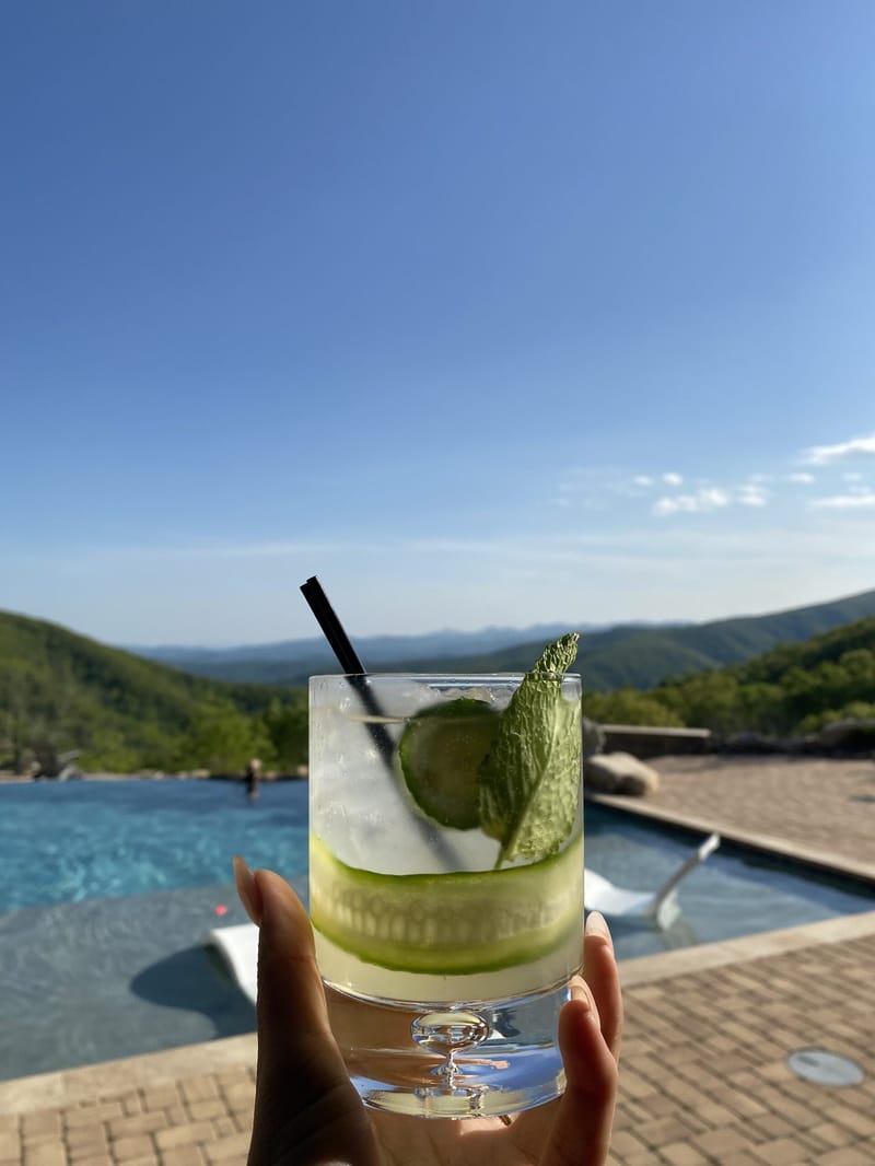 Hand holding a cucumber cocktail above the infinity pool with mountains in the distance