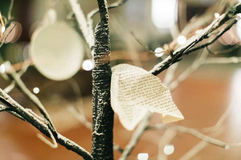 Torn book page tucked into the branches of a twig tree strung with fairy lights