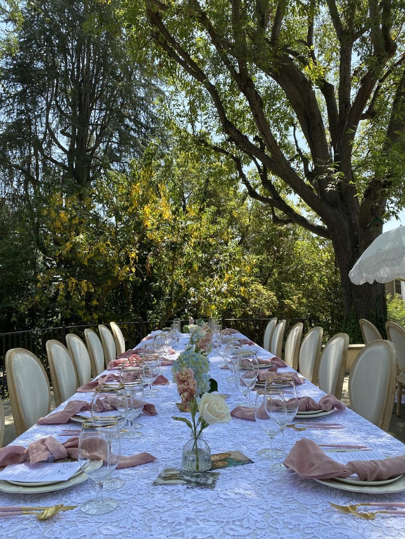 Long outdoor table set with white lace, pink napkins and cream oval-back chairs under tall trees