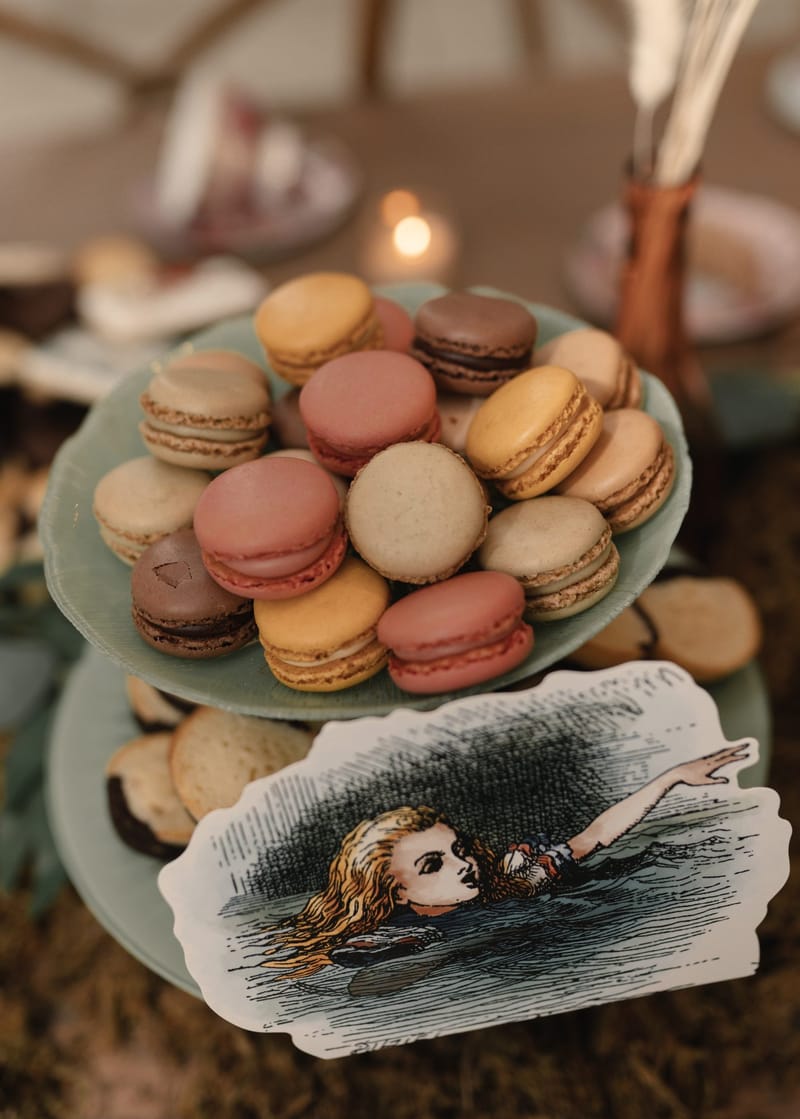 Tiered stand of pastel macarons above an illustrated cutout of Alice swimming