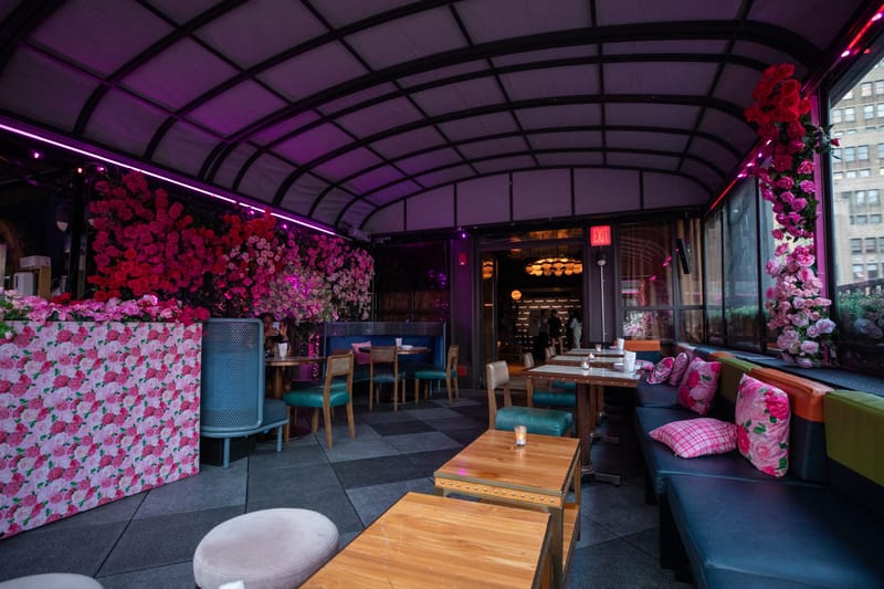 Covered rooftop terrace with a curved canopy, pink rose walls, a rose-print bar and teal banquettes