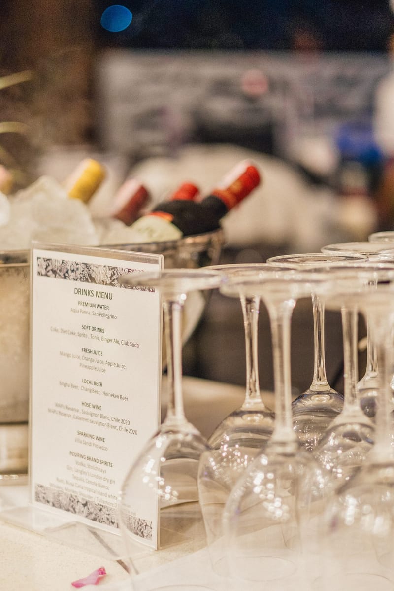 DRINKS MENU in an acrylic stand beside upturned wine glasses