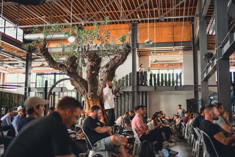 Seated audience beneath a large tree growing inside a hall with an exposed timber ceiling