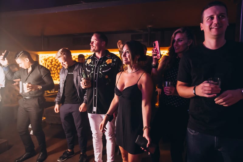 Guests with drinks standing together and watching a performance in a warmly lit room