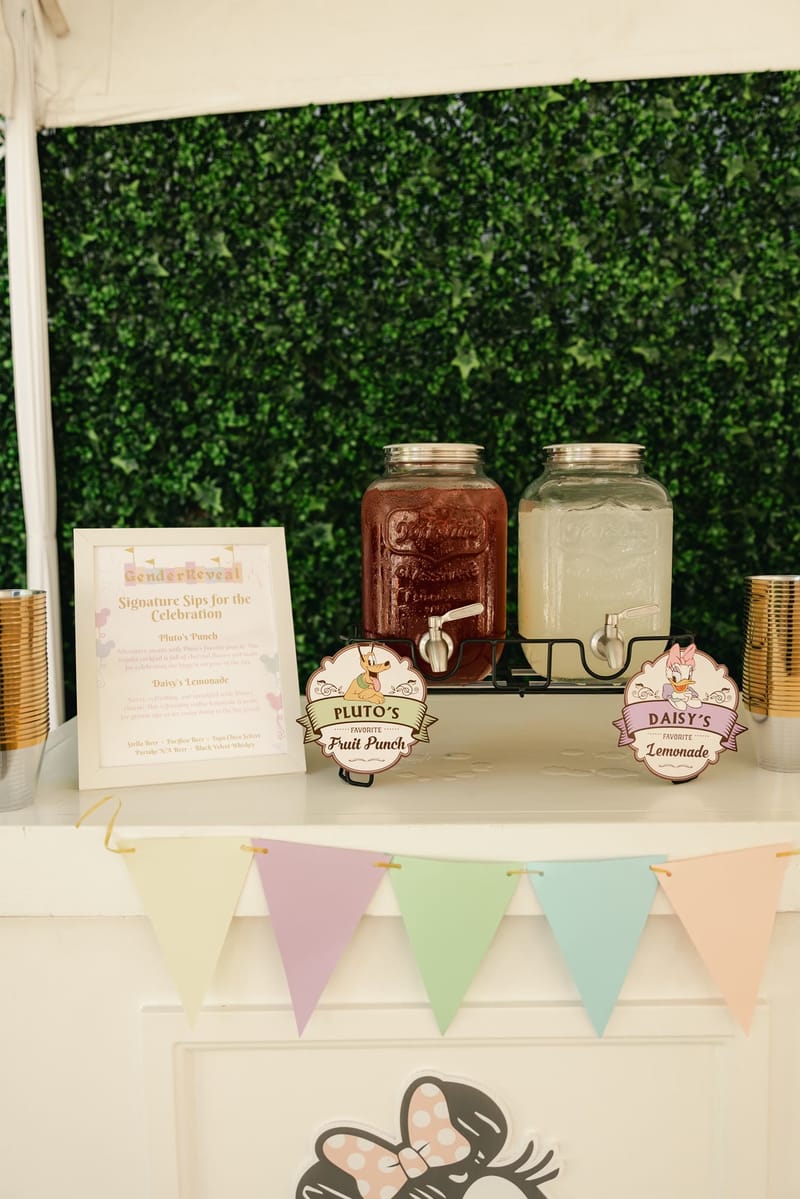 Drink dispensers of Pluto's Fruit Punch and Daisy's Lemonade against a green hedge wall