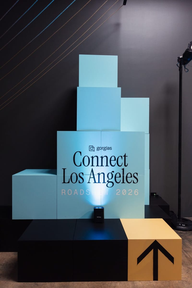 Stacked pale blue cubes printed with Gorgias Connect Los Angeles Roadshow 2026