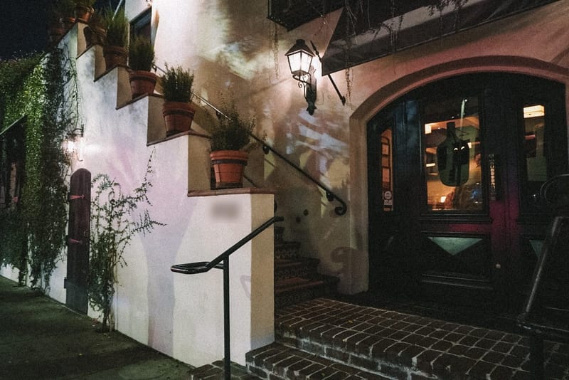 Building entrance at night with potted plants along the stair wall and a lantern beside a wooden door