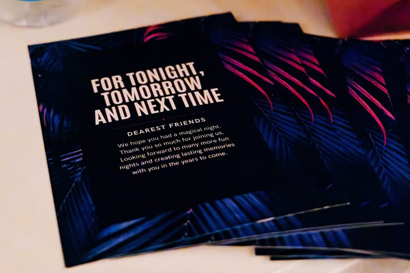 Dark thank-you cards reading For tonight, tomorrow and next time, addressed to Dearest Friends