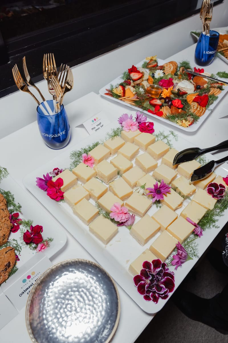 Catering platter decorated with pink and red flowers