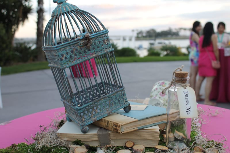 Turquoise birdcage on old books beside a Drink Me bottle on a pink table, guests talking by the water