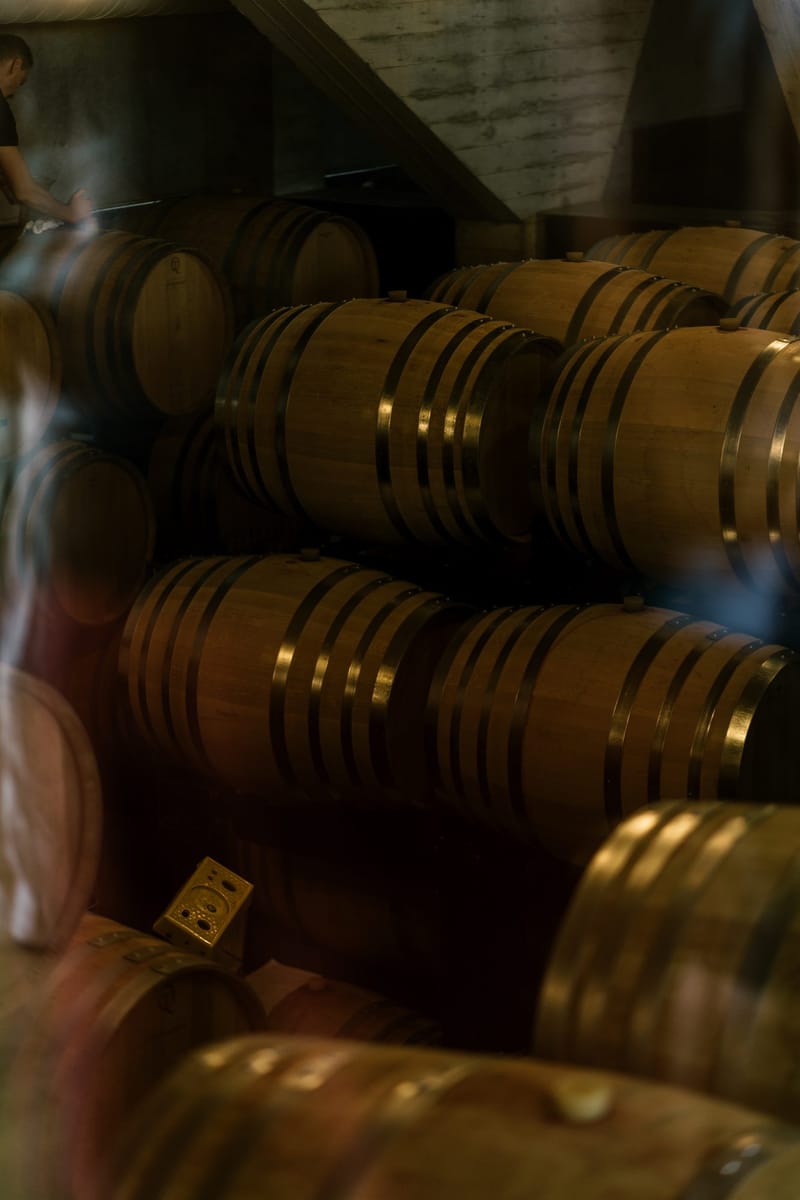 Rows of wooden wine barrels stacked in a dim cellar
