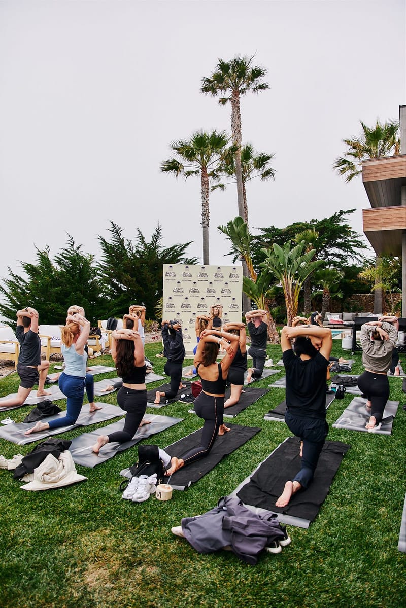Guests stretching on yoga mats across the lawn in front of palm trees and a logo backdrop