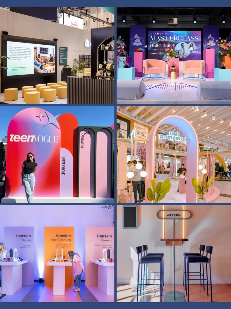 The inspo board for the Gorgias booth: six reference builds in arches, colour blocks and lit shelving