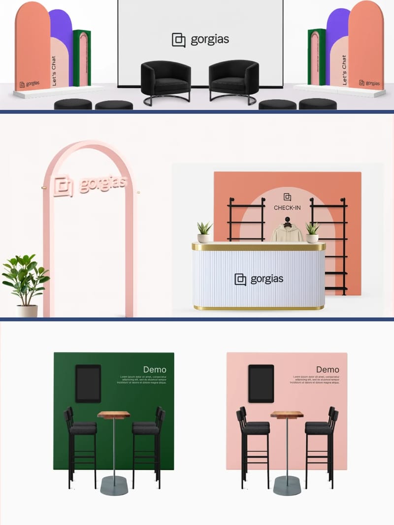 The Gorgias design set: the stage wall, the coral arch, the check-in desk and the demo tables