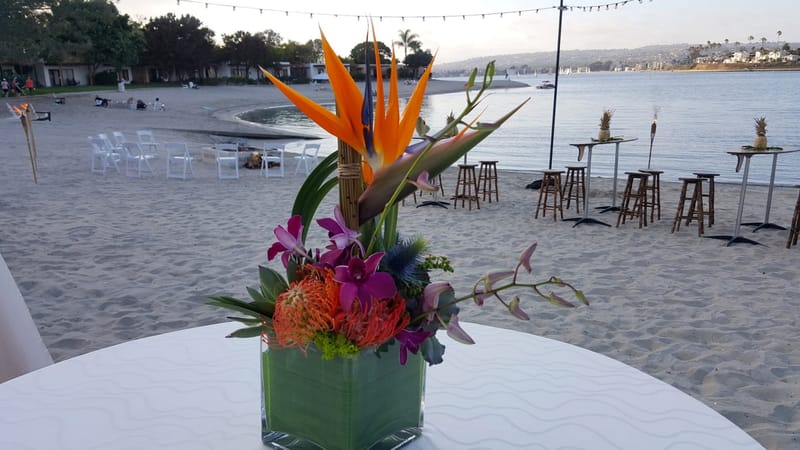 Bird of paradise, purple orchids and orange blooms in a square glass vase on a white table by the water