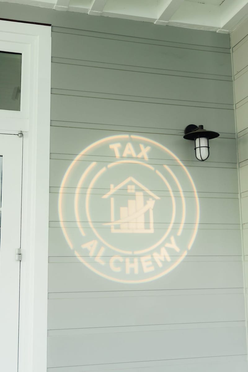 Tax Alchemy logo projected in light onto a gray exterior wall beside a door