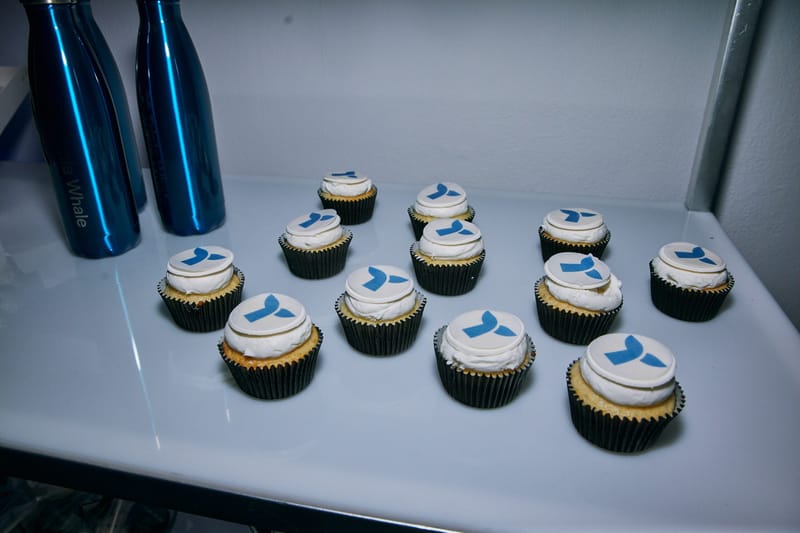 Cupcakes topped with Triple Whale tail logos beside blue metal bottles printed Triple Whale on a white shelf