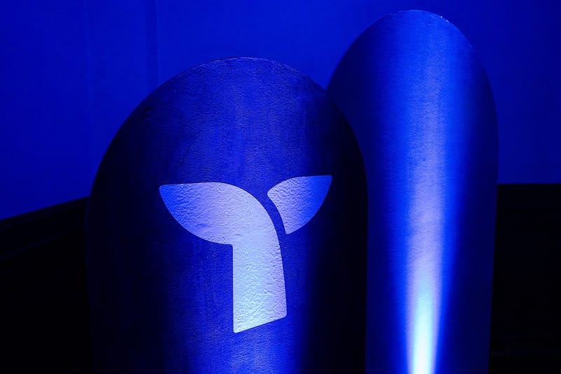 Two rounded blue panels lit from below, one carrying a white Triple Whale tail logo