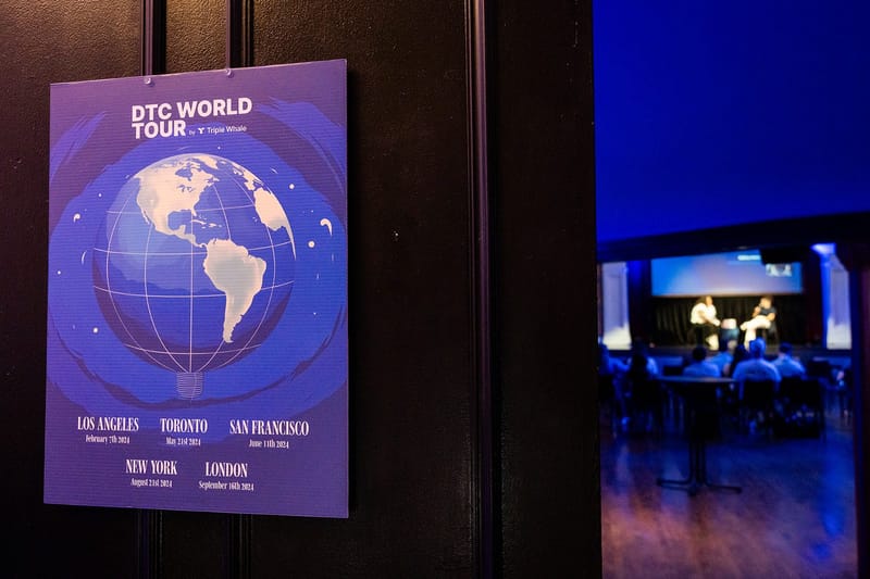 DTC World Tour poster with a globe and 2024 dates for Los Angeles, Toronto, San Francisco, New York and London