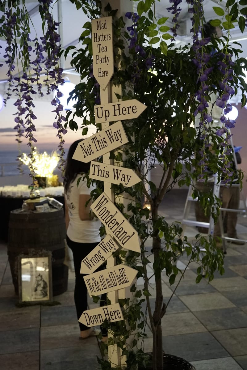 Arrow signs reading Mad Hatters Tea Party Here, Not This Way, Wonderland and We're All Mad Here beside purple flowers